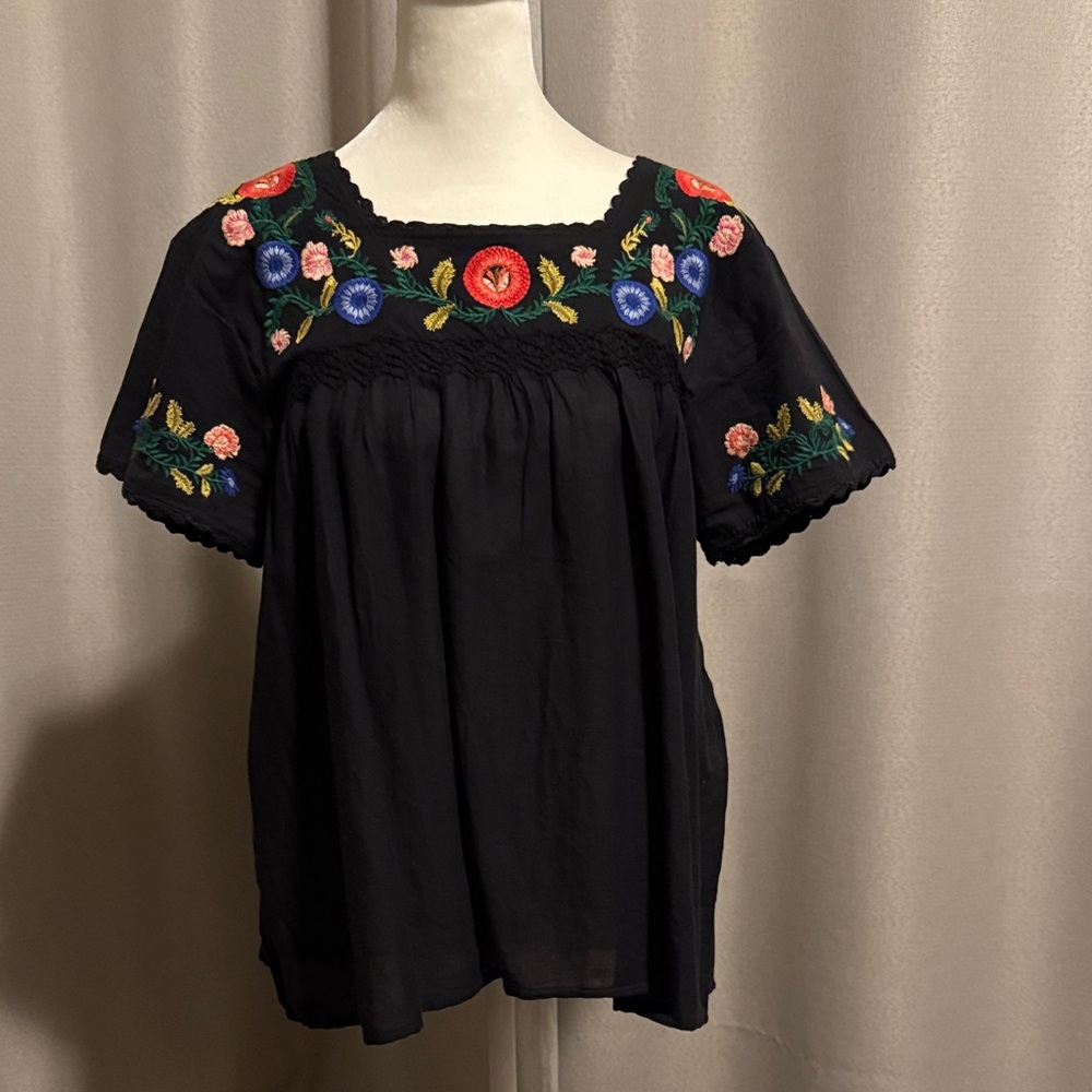 Floral Embroidered Black Blouse